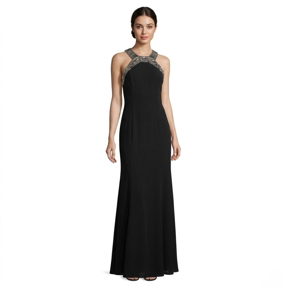 NWT Adrianna Papell Black Halter Beaded Gown Size 6